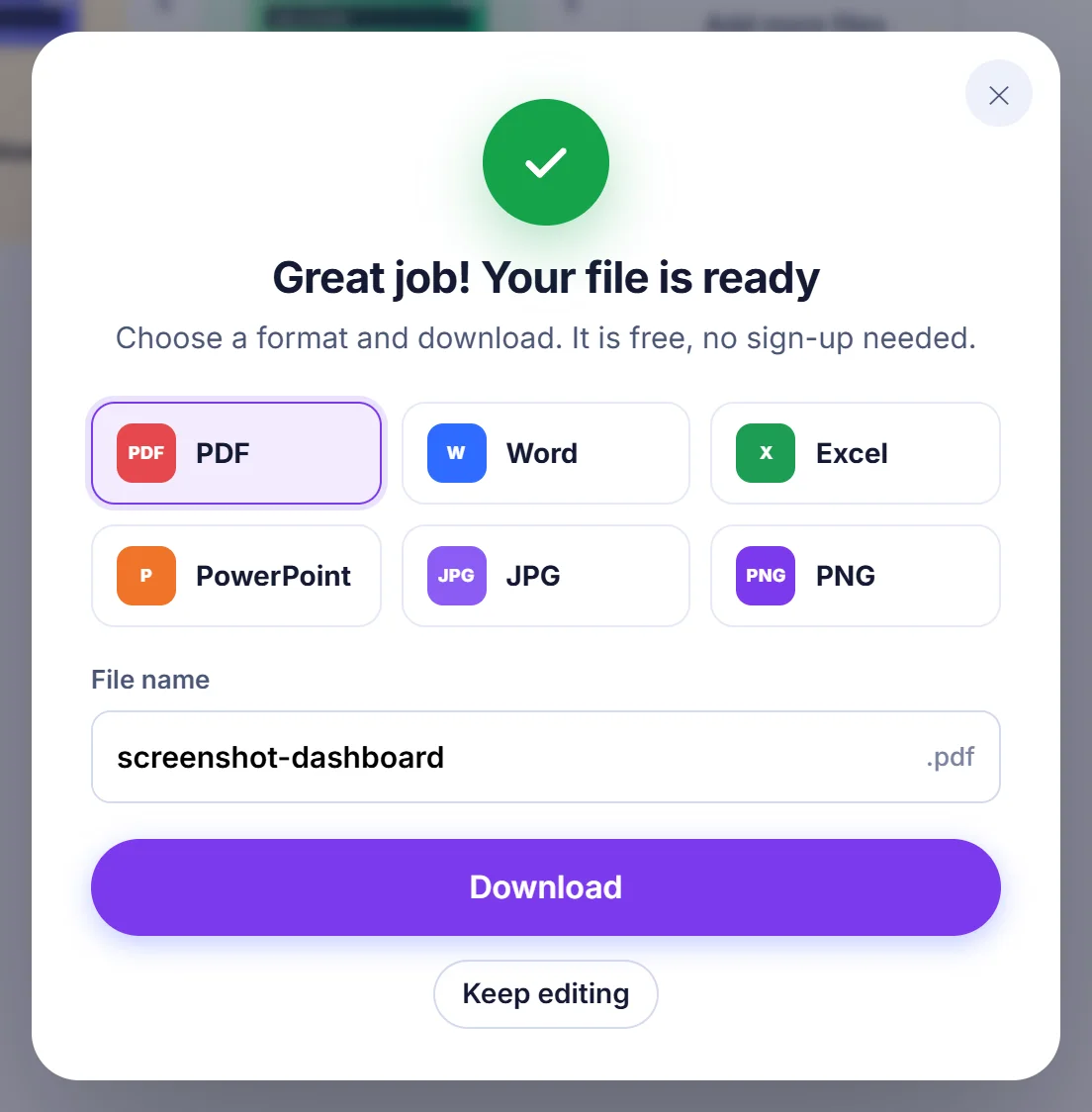 Finished dialog saying Great job! Your file is ready, with PDF selected among six formats and the file name screenshot-dashboard above a Download button